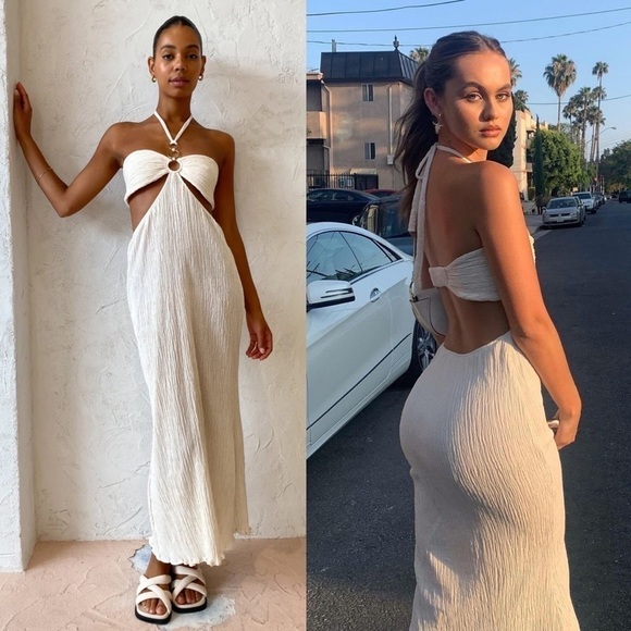 Savannah Morrow Dress Mina Open-Back Crinkled Cutout Halter Maxi Ivory L NWT - Picture 8 of 11